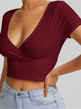 Deep V Ribbed Burgundy Crop Top